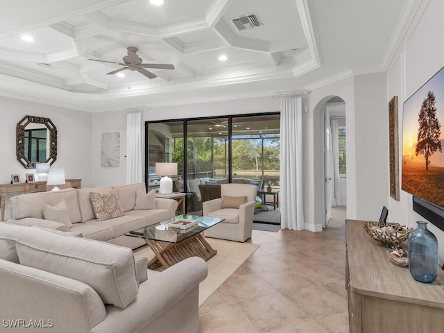 living room with beam ceiling, ornamental molding, coffered ceiling, and ceiling fan