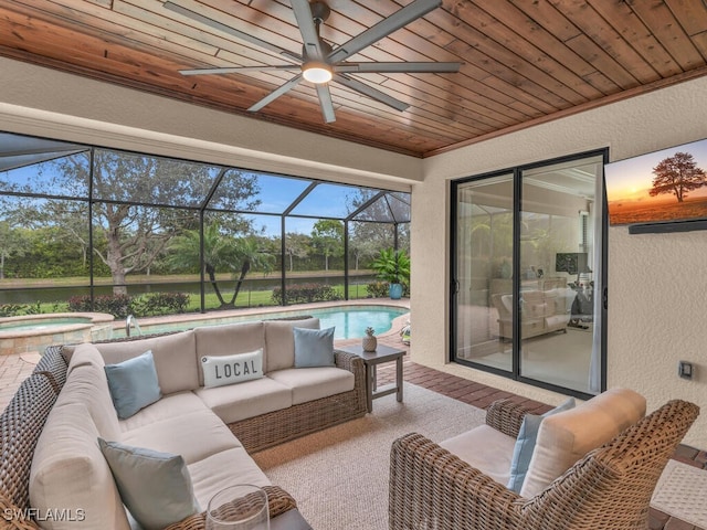 sunroom / solarium with wooden ceiling and ceiling fan