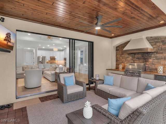 living room featuring wood ceiling, ornamental molding, and ceiling fan