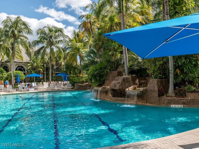 view of pool featuring pool water feature