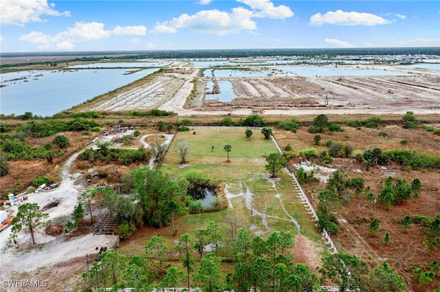 aerial view featuring a water view and a rural view