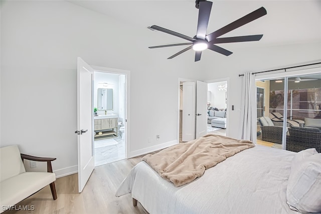 bedroom with lofted ceiling, access to exterior, light wood-type flooring, ceiling fan, and ensuite bathroom