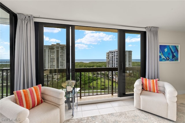 interior space with a water view