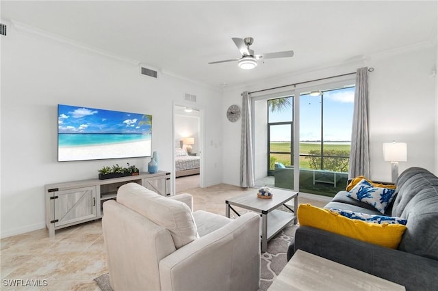 living room featuring ceiling fan and ornamental molding