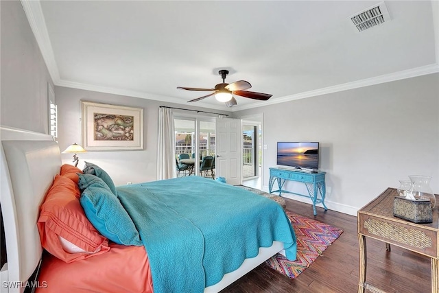 bedroom with crown molding, dark wood-type flooring, access to outside, and ceiling fan