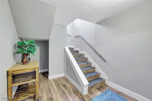 stairway with hardwood / wood-style floors