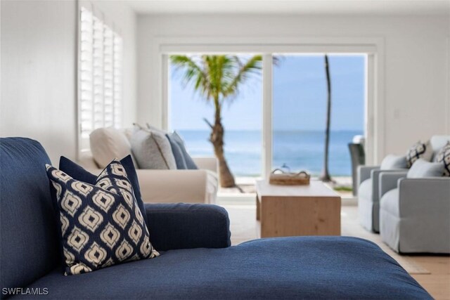 living room with a water view and light hardwood / wood-style flooring