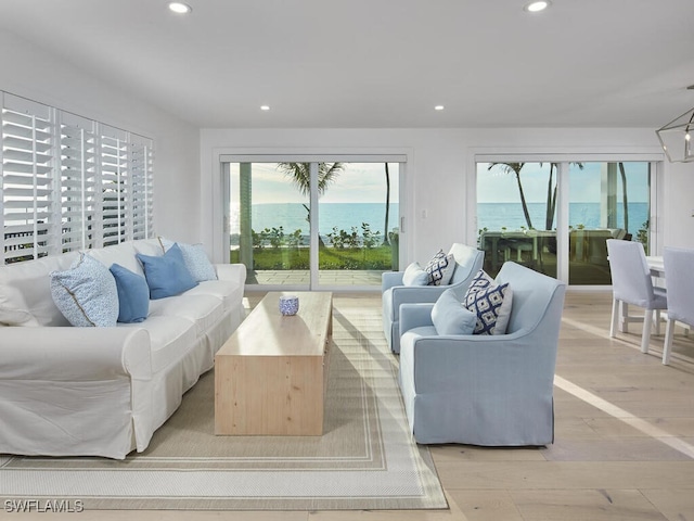 living room featuring light hardwood / wood-style flooring and a water view