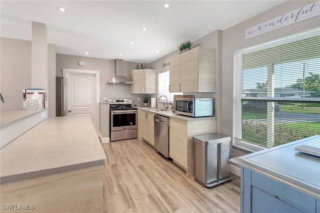 kitchen with sink, light hardwood / wood-style floors, wall chimney exhaust hood, and appliances with stainless steel finishes