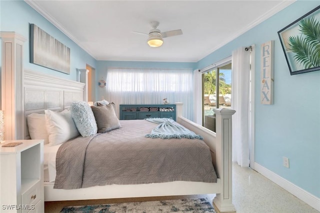 bedroom featuring multiple windows, crown molding, and ceiling fan