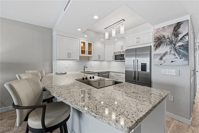 25850 Hickory Blvd Unit A-104, Bonita Springs, FL 34134 - kitchen featuring stainless steel appliances, a peninsula, a sink, baseboards, and light wood-style flooring