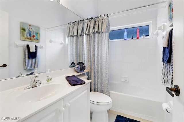 full bathroom with toilet, tile patterned flooring, shower / tub combo, and vanity