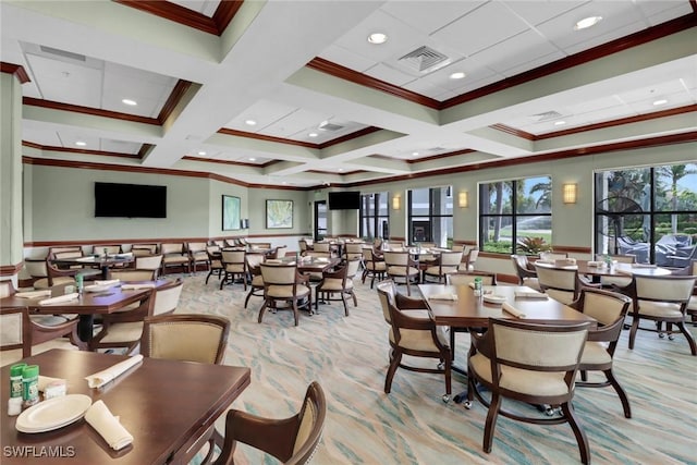 dining area with light colored carpet, ornamental molding, beam ceiling, and coffered ceiling