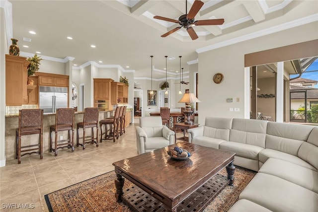 tiled living room featuring coffered ceiling, beamed ceiling, ceiling fan, and ornamental molding