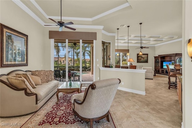 living room featuring coffered ceiling, ceiling fan, and ornamental molding