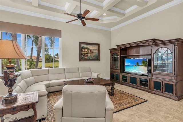 living room featuring a high ceiling, beamed ceiling, ceiling fan, crown molding, and coffered ceiling