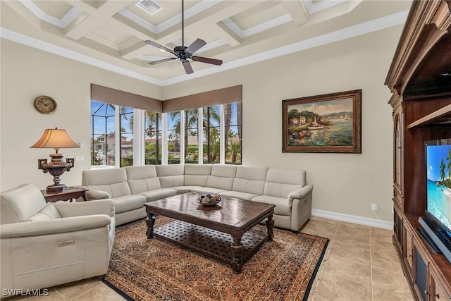 tiled living room featuring coffered ceiling, beamed ceiling, ceiling fan, and ornamental molding