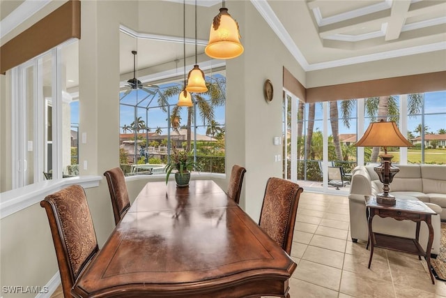 dining space with crown molding, coffered ceiling, plenty of natural light, and ceiling fan