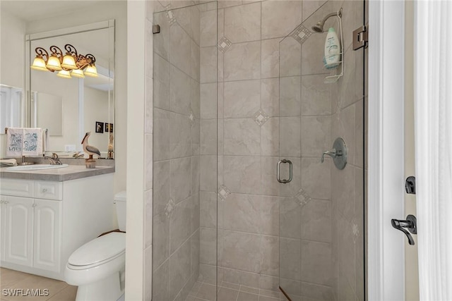 bathroom with vanity, toilet, tile patterned floors, and a shower with door