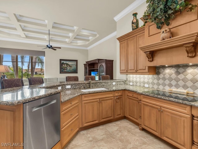 kitchen featuring stainless steel dishwasher, black electric stovetop, stone counters, and coffered ceiling