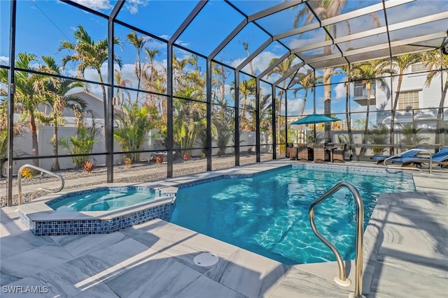 view of swimming pool featuring a patio, glass enclosure, and an in ground hot tub