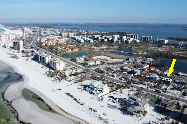 aerial view featuring a beach view and a water view