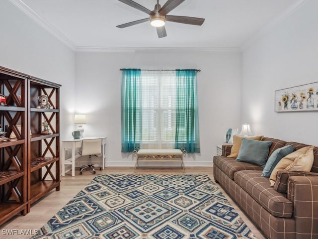 living room featuring crown molding, ceiling fan, and hardwood / wood-style floors