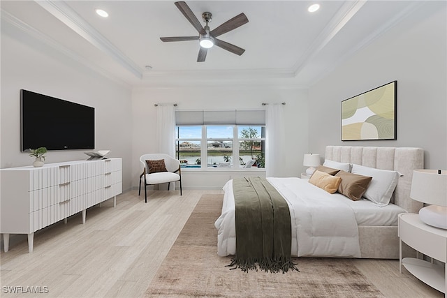 15745 Cortina St, Naples, FL 34114 - bedroom with a raised ceiling, wood finished floors, ornamental molding, recessed lighting, and ceiling fan