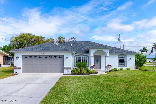 single story home with a front lawn and a garage