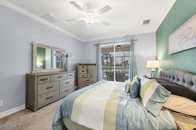 carpeted bedroom featuring crown molding, ceiling fan, and access to exterior