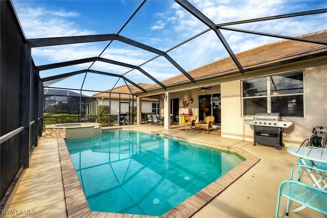 view of swimming pool with grilling area, a patio, glass enclosure, and an in ground hot tub