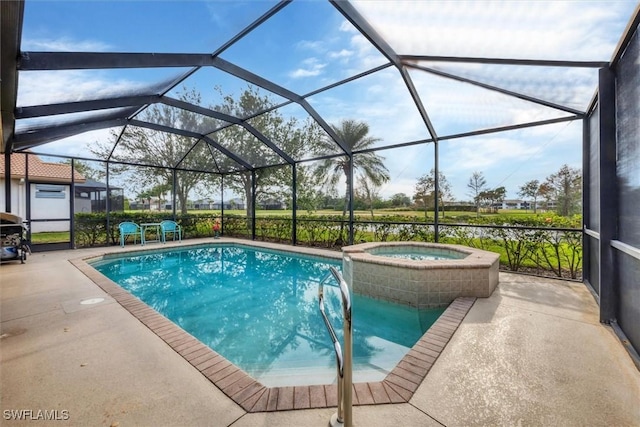 view of swimming pool with a lanai, a patio area, and an in ground hot tub