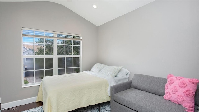 bedroom featuring lofted ceiling and wood-type flooring