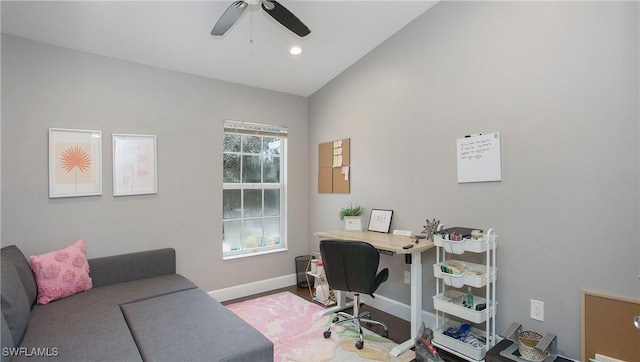 office area with lofted ceiling and ceiling fan