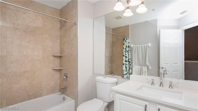 full bathroom featuring toilet, an inviting chandelier, shower / bath combination with curtain, and vanity