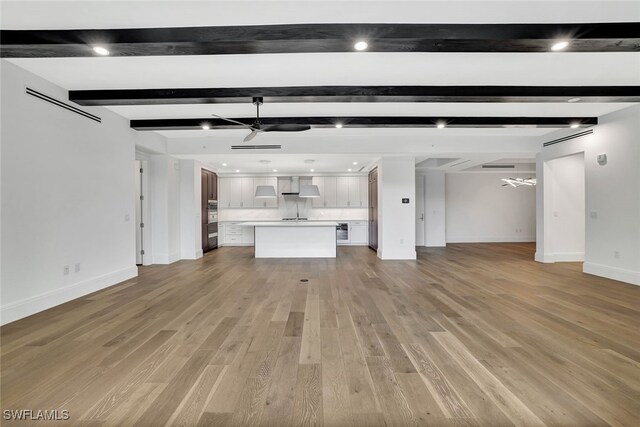 unfurnished living room featuring beamed ceiling, ceiling fan, and light hardwood / wood-style floors