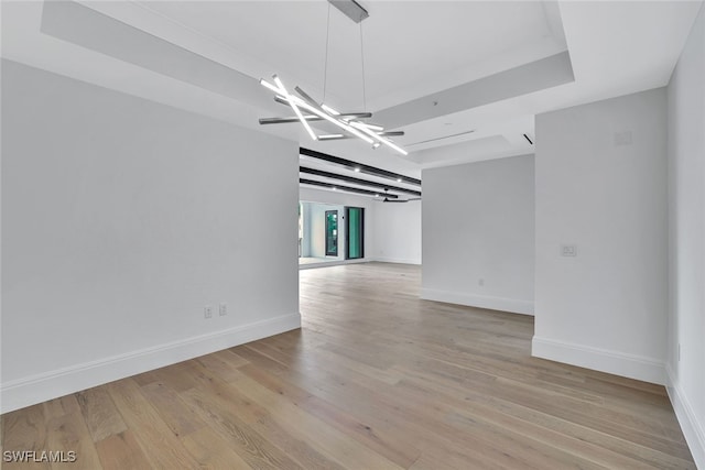 spare room featuring a raised ceiling and light wood-type flooring