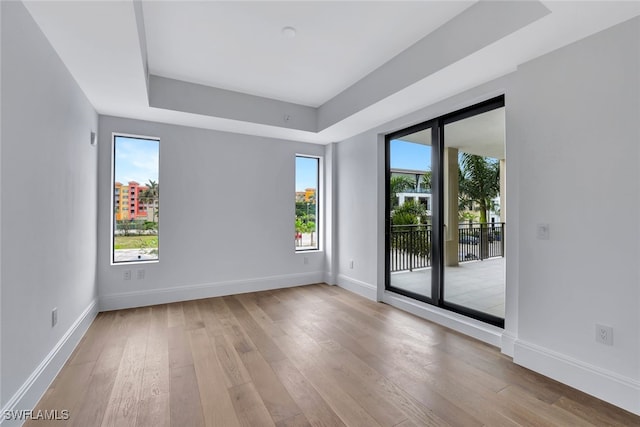 unfurnished room with a raised ceiling and light wood-type flooring