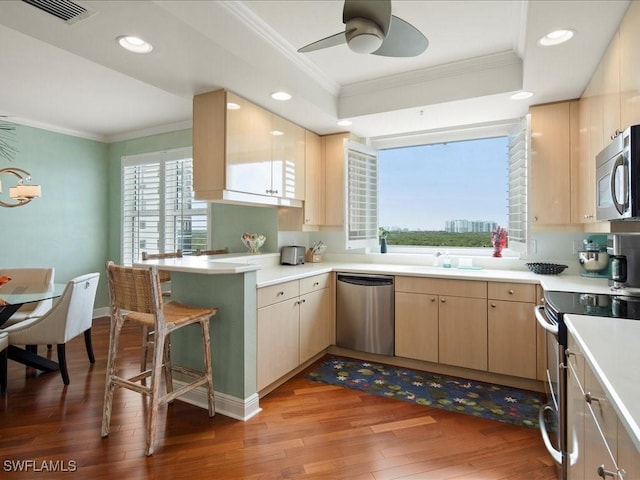 kitchen with kitchen peninsula, hardwood / wood-style flooring, stainless steel appliances, light brown cabinetry, and a raised ceiling