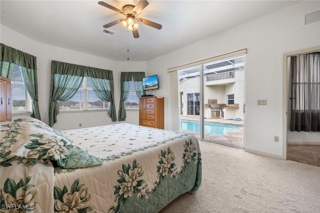 carpeted bedroom with ceiling fan and access to exterior