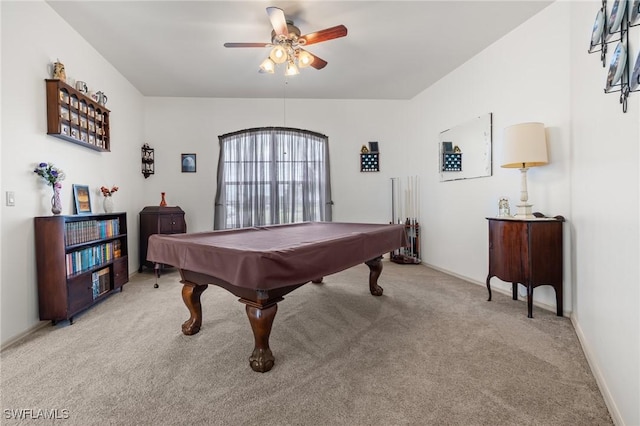 playroom featuring ceiling fan, light colored carpet, and pool table