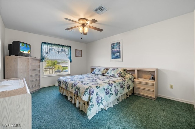 bedroom featuring ceiling fan and dark carpet