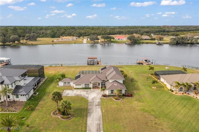 drone / aerial view featuring a water view