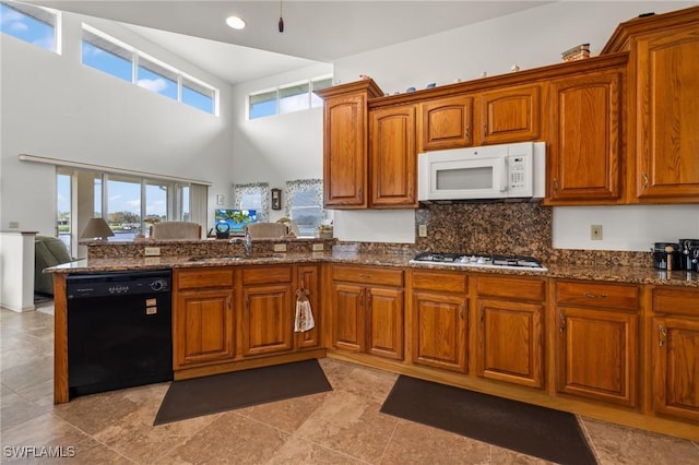 kitchen featuring a wealth of natural light, dishwasher, a high ceiling, and sink