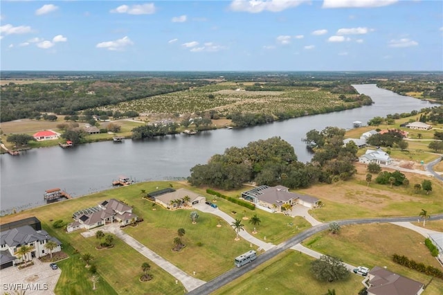 bird's eye view with a water view