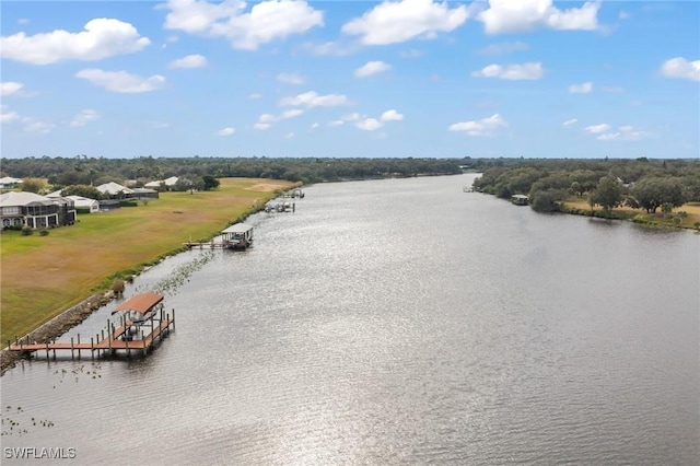 water view featuring a dock