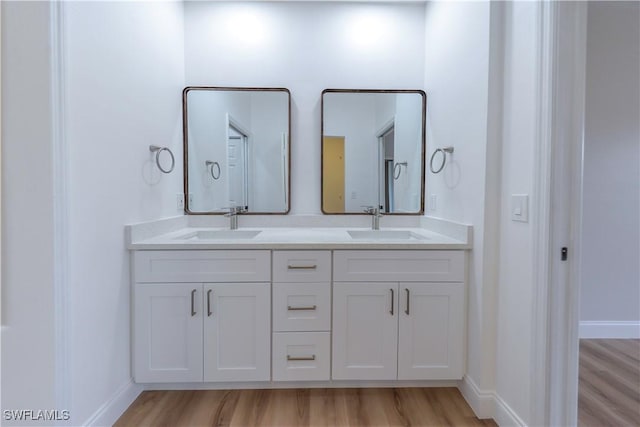 bathroom with wood-type flooring and vanity