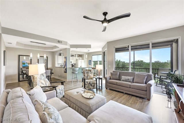 living room featuring a raised ceiling, ceiling fan, a healthy amount of sunlight, and hardwood / wood-style floors