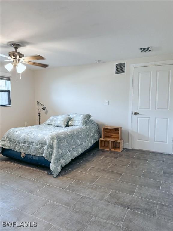 bedroom with visible vents and a ceiling fan