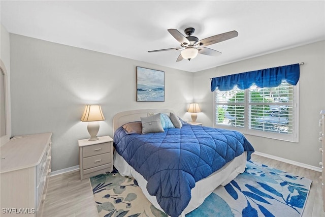 bedroom with ceiling fan and light wood-type flooring